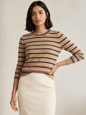 J. CREW Tan Fine Knit Sweater with Black & Coral Stripes